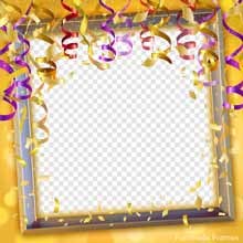 Square picture frame bordered with swirls of hanging ribbons and golden confetti pieces, set against a bright yellow gradient background.