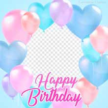 Editable photo frame with soft pink, blue, and lavender heart-shaped and round balloons surrounding a transparent center on a light blue background