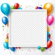 Editable birthday photo frame with vibrant helium balloons and festive confetti. Center area is transparent for uploading a personal image.