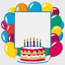 A bright birthday photo frame with a layered cartoon cake and candles at the bottom, surrounded by glossy balloons in various colors and a central upload area.