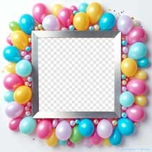 A stylish birthday photo frame with a metallic silver border surrounded by glossy pastel balloons in pink, yellow, blue, and pearl tones, with festive confetti.