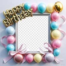 A chic birthday design featuring pastel pink, blue, and yellow balloons, gift bows, and metallic balloon letters spelling 'Happy Birthday' above the frame.