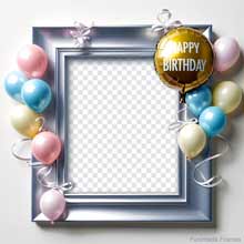 Metallic silver-edged photo frame decorated with glossy blue, pink, and ivory balloons, curled ribbons, and a gold balloon reading 'Happy Birthday.'