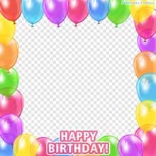 A bright birthday frame with a full border of colorful balloons on all sides and bold pink-and-white 'HAPPY BIRTHDAY!' text at the bottom center.