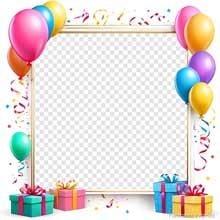 Editable birthday frame featuring a golden border, balloons in pink, orange, and blue, plus wrapped presents and confetti for a party-themed look.