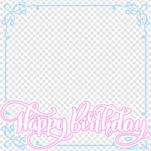 Editable birthday frame featuring soft pastel elements and graceful swirls in blue, with bold pink 'Happy Birthday' lettering overlay at the bottom edge.