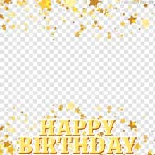 Editable birthday frame decorated with shimmering gold stars on the top and bottom, and bold block-letter 'HAPPY BIRTHDAY' text across the lower edge.