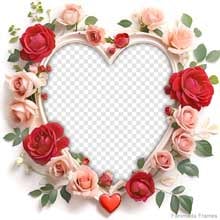 A heart-shaped photo frame with red and blush roses, green leaves, and a small heart icon at the bottom—perfect for romantic photo edits or Valentine greetings.